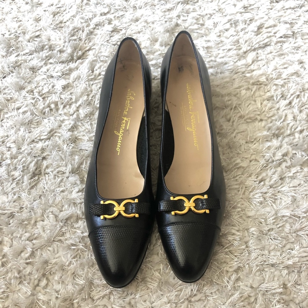Salvatore Ferragamo Black Leather Block Heel Flats